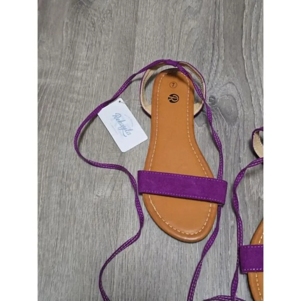 Rekayla Women's Purple Open Toe Tie Up Ankle Wrap Flat Sandals‎ Size 7